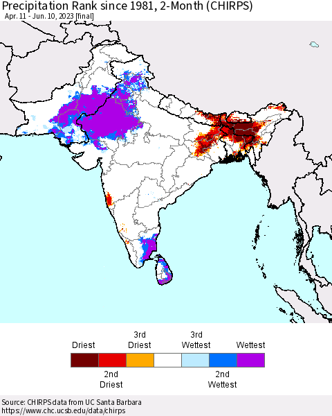 Southern Asia Precipitation Rank since 1981, 2-Month (CHIRPS) Thematic Map For 4/11/2023 - 6/10/2023
