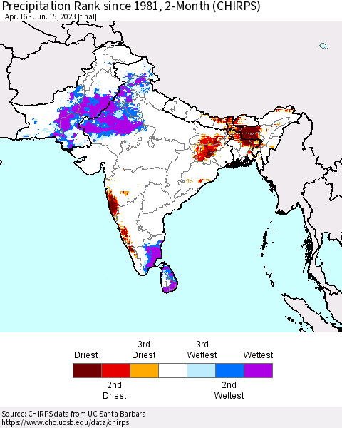 Southern Asia Precipitation Rank since 1981, 2-Month (CHIRPS) Thematic Map For 4/16/2023 - 6/15/2023