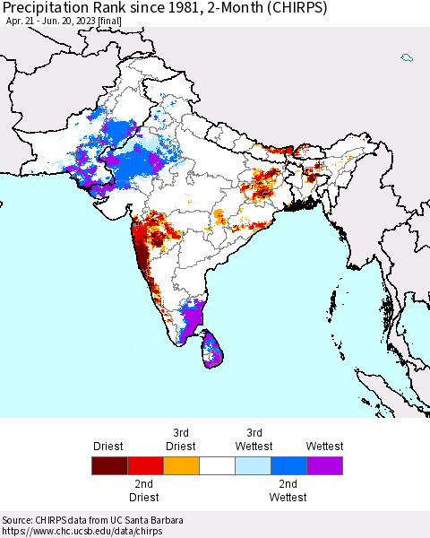 Southern Asia Precipitation Rank since 1981, 2-Month (CHIRPS) Thematic Map For 4/21/2023 - 6/20/2023