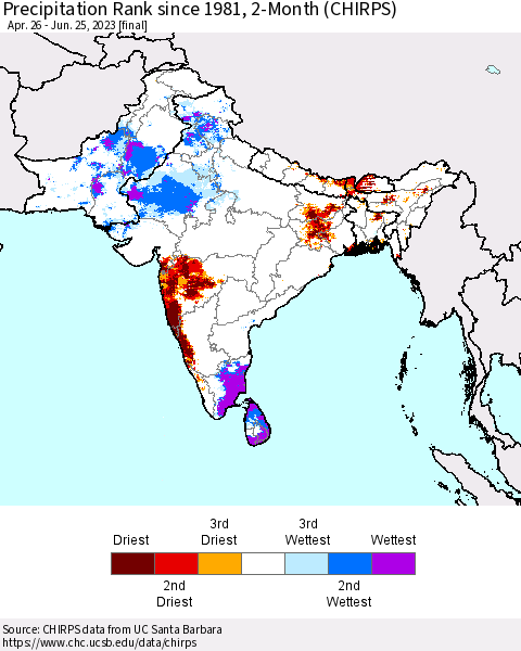 Southern Asia Precipitation Rank since 1981, 2-Month (CHIRPS) Thematic Map For 4/26/2023 - 6/25/2023