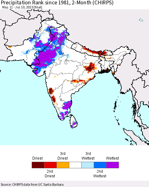 Southern Asia Precipitation Rank since 1981, 2-Month (CHIRPS) Thematic Map For 5/11/2023 - 7/10/2023
