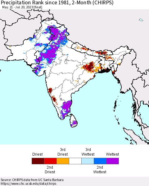 Southern Asia Precipitation Rank since 1981, 2-Month (CHIRPS) Thematic Map For 5/21/2023 - 7/20/2023