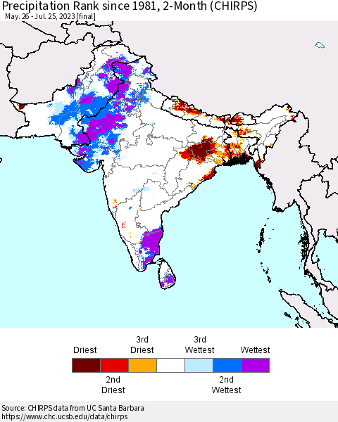 Southern Asia Precipitation Rank since 1981, 2-Month (CHIRPS) Thematic Map For 5/26/2023 - 7/25/2023