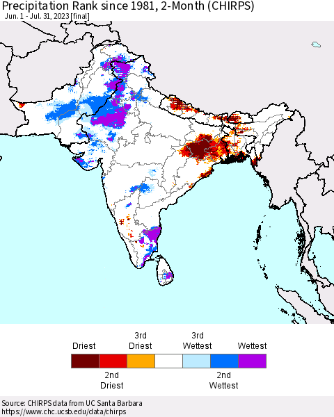 Southern Asia Precipitation Rank since 1981, 2-Month (CHIRPS) Thematic Map For 6/1/2023 - 7/31/2023