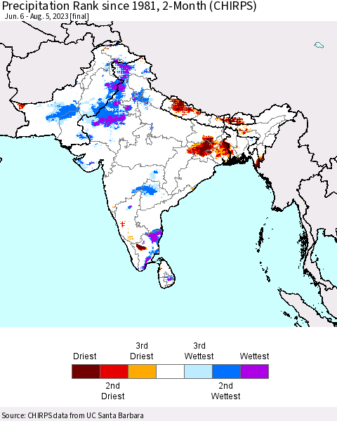Southern Asia Precipitation Rank since 1981, 2-Month (CHIRPS) Thematic Map For 6/6/2023 - 8/5/2023