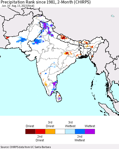 Southern Asia Precipitation Rank since 1981, 2-Month (CHIRPS) Thematic Map For 6/16/2023 - 8/15/2023