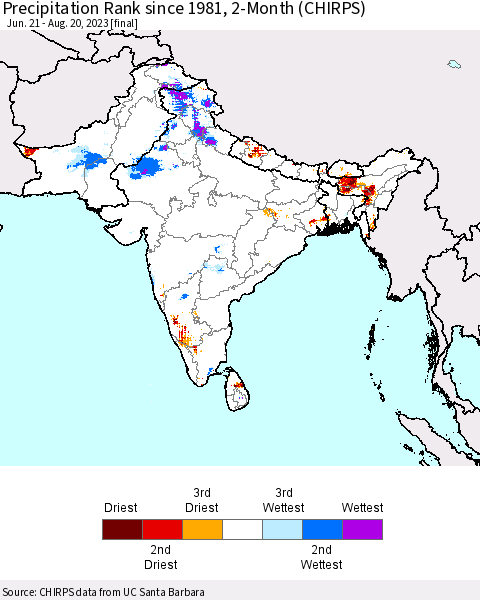 Southern Asia Precipitation Rank since 1981, 2-Month (CHIRPS) Thematic Map For 6/21/2023 - 8/20/2023
