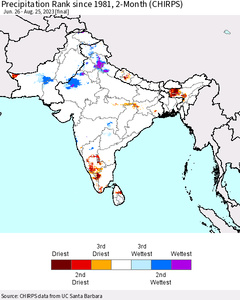 Southern Asia Precipitation Rank since 1981, 2-Month (CHIRPS) Thematic Map For 6/26/2023 - 8/25/2023