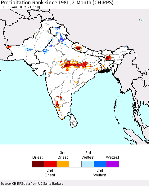 Southern Asia Precipitation Rank since 1981, 2-Month (CHIRPS) Thematic Map For 7/1/2023 - 8/31/2023