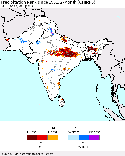 Southern Asia Precipitation Rank since 1981, 2-Month (CHIRPS) Thematic Map For 7/6/2023 - 9/5/2023