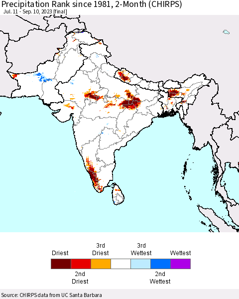Southern Asia Precipitation Rank since 1981, 2-Month (CHIRPS) Thematic Map For 7/11/2023 - 9/10/2023