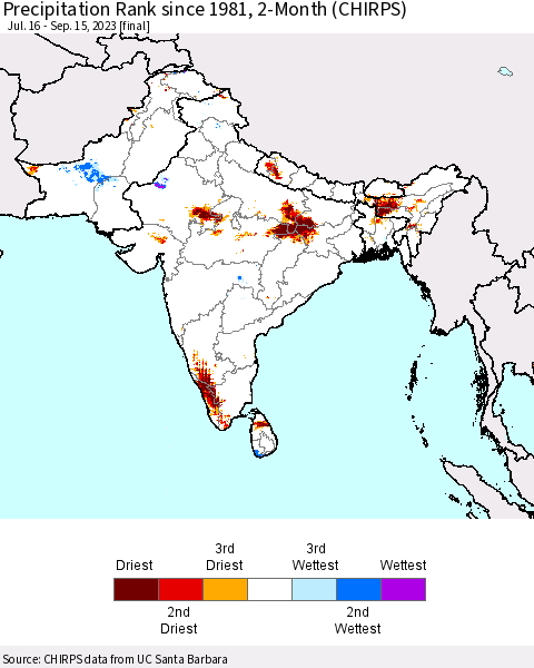 Southern Asia Precipitation Rank since 1981, 2-Month (CHIRPS) Thematic Map For 7/16/2023 - 9/15/2023