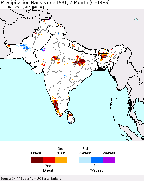 Southern Asia Precipitation Rank since 1981, 2-Month (CHIRPS) Thematic Map For 7/16/2023 - 9/15/2023