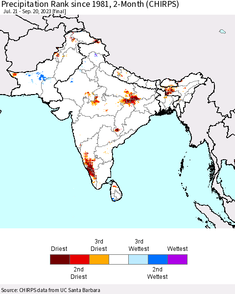 Southern Asia Precipitation Rank since 1981, 2-Month (CHIRPS) Thematic Map For 7/21/2023 - 9/20/2023
