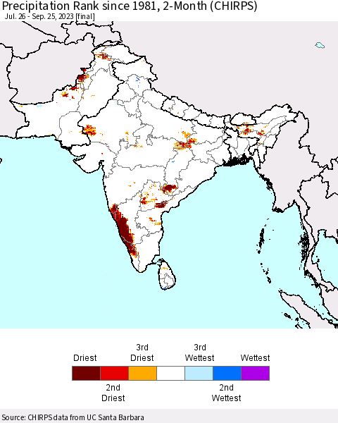 Southern Asia Precipitation Rank since 1981, 2-Month (CHIRPS) Thematic Map For 7/26/2023 - 9/25/2023