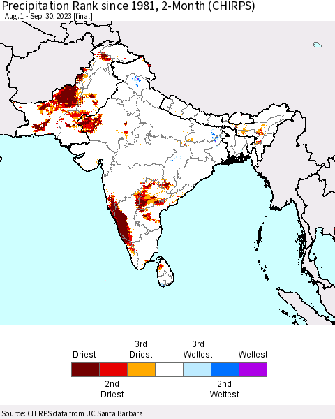 Southern Asia Precipitation Rank since 1981, 2-Month (CHIRPS) Thematic Map For 8/1/2023 - 9/30/2023