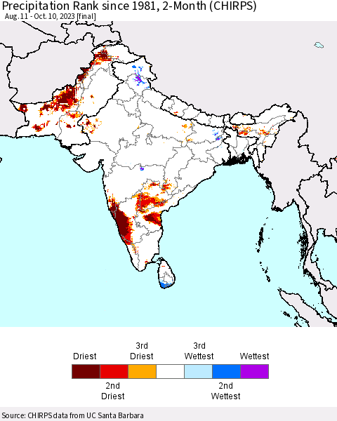 Southern Asia Precipitation Rank since 1981, 2-Month (CHIRPS) Thematic Map For 8/11/2023 - 10/10/2023