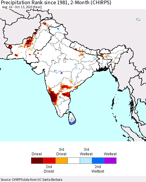 Southern Asia Precipitation Rank since 1981, 2-Month (CHIRPS) Thematic Map For 8/16/2023 - 10/15/2023