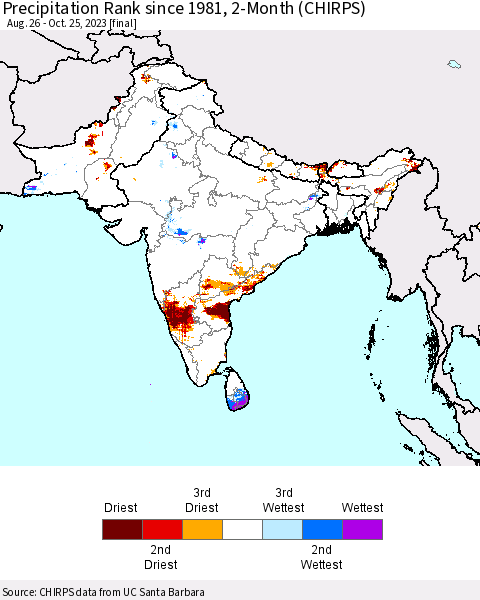 Southern Asia Precipitation Rank since 1981, 2-Month (CHIRPS) Thematic Map For 8/26/2023 - 10/25/2023
