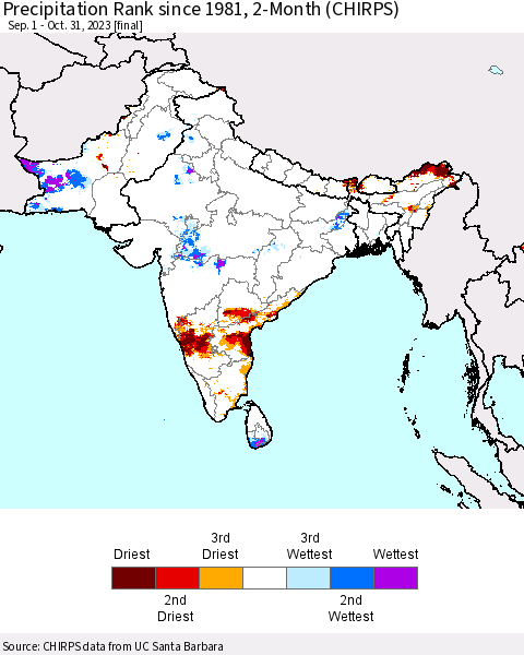 Southern Asia Precipitation Rank since 1981, 2-Month (CHIRPS) Thematic Map For 9/1/2023 - 10/31/2023