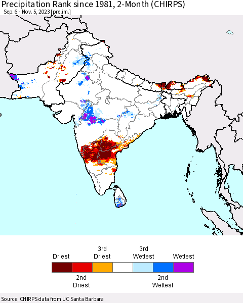 Southern Asia Precipitation Rank since 1981, 2-Month (CHIRPS) Thematic Map For 9/6/2023 - 11/5/2023
