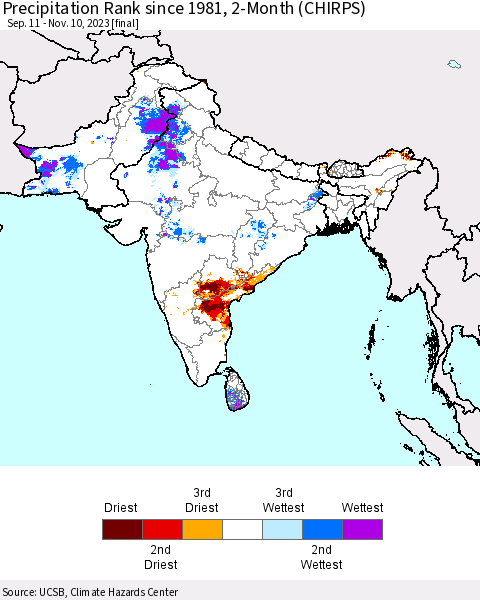 Southern Asia Precipitation Rank since 1981, 2-Month (CHIRPS) Thematic Map For 9/11/2023 - 11/10/2023