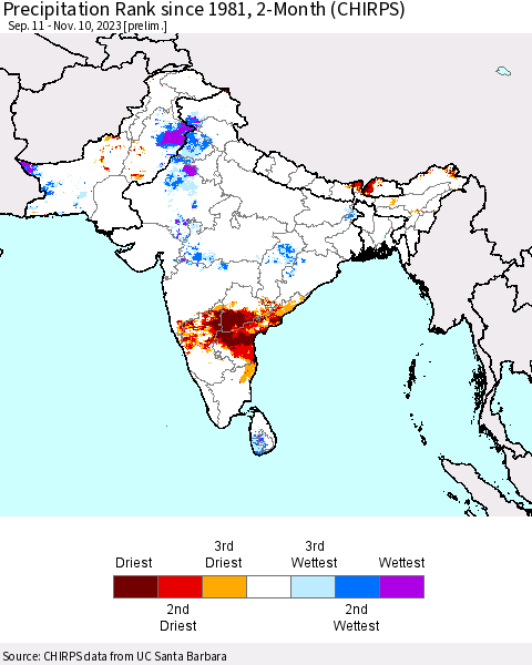 Southern Asia Precipitation Rank since 1981, 2-Month (CHIRPS) Thematic Map For 9/11/2023 - 11/10/2023