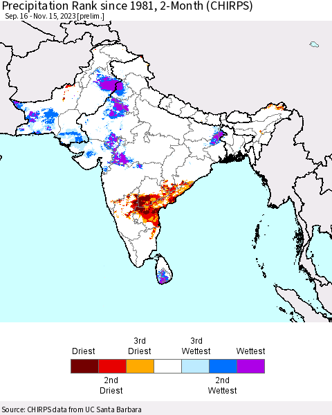 Southern Asia Precipitation Rank since 1981, 2-Month (CHIRPS) Thematic Map For 9/16/2023 - 11/15/2023