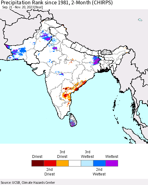 Southern Asia Precipitation Rank since 1981, 2-Month (CHIRPS) Thematic Map For 9/21/2023 - 11/20/2023