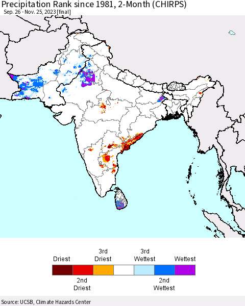 Southern Asia Precipitation Rank since 1981, 2-Month (CHIRPS) Thematic Map For 9/26/2023 - 11/25/2023
