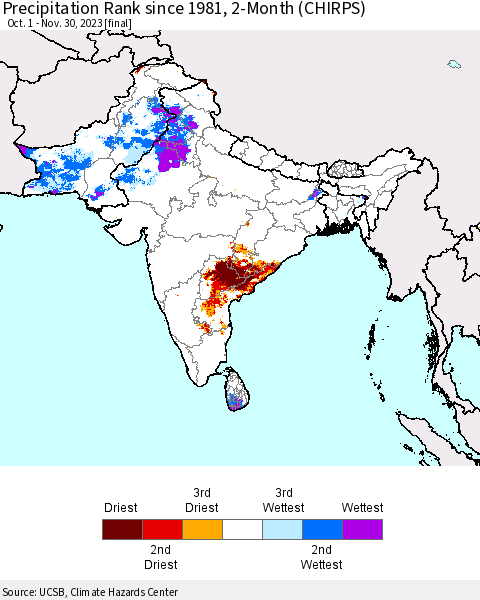 Southern Asia Precipitation Rank since 1981, 2-Month (CHIRPS) Thematic Map For 10/1/2023 - 11/30/2023