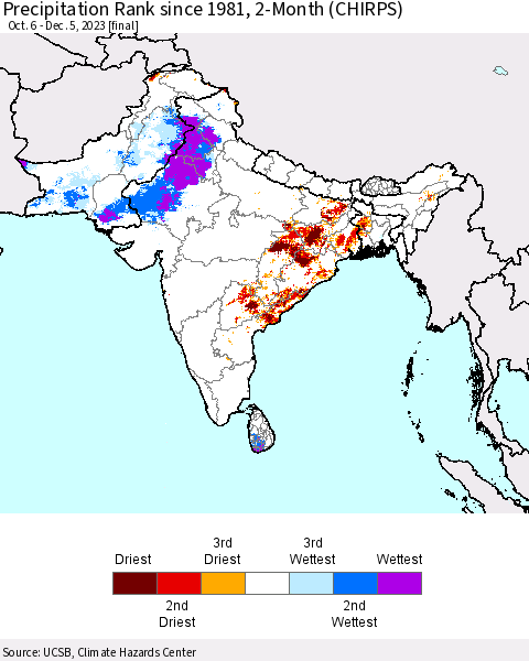 Southern Asia Precipitation Rank since 1981, 2-Month (CHIRPS) Thematic Map For 10/6/2023 - 12/5/2023