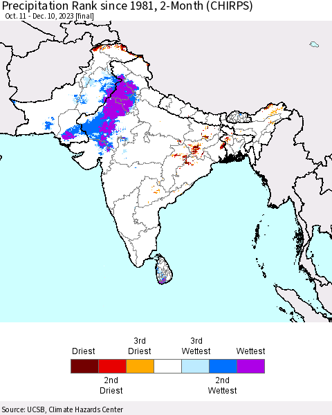 Southern Asia Precipitation Rank since 1981, 2-Month (CHIRPS) Thematic Map For 10/11/2023 - 12/10/2023