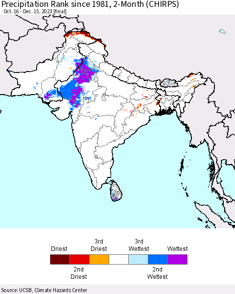 Southern Asia Precipitation Rank since 1981, 2-Month (CHIRPS) Thematic Map For 10/16/2023 - 12/15/2023