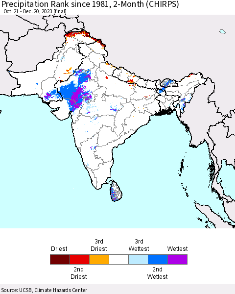 Southern Asia Precipitation Rank since 1981, 2-Month (CHIRPS) Thematic Map For 10/21/2023 - 12/20/2023