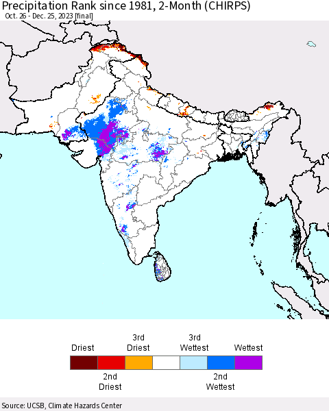 Southern Asia Precipitation Rank since 1981, 2-Month (CHIRPS) Thematic Map For 10/26/2023 - 12/25/2023