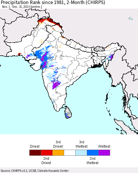 Southern Asia Precipitation Rank since 1981, 2-Month (CHIRPS) Thematic Map For 11/1/2023 - 12/31/2023