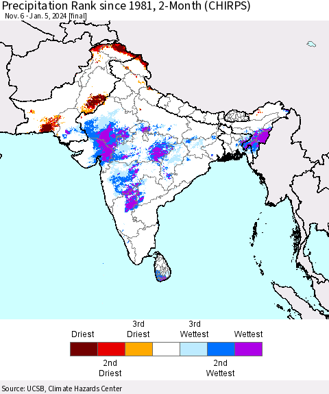 Southern Asia Precipitation Rank since 1981, 2-Month (CHIRPS) Thematic Map For 11/6/2023 - 1/5/2024
