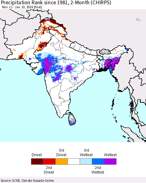 Southern Asia Precipitation Rank since 1981, 2-Month (CHIRPS) Thematic Map For 11/11/2023 - 1/10/2024