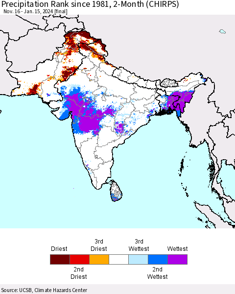Southern Asia Precipitation Rank since 1981, 2-Month (CHIRPS) Thematic Map For 11/16/2023 - 1/15/2024
