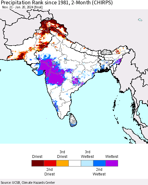 Southern Asia Precipitation Rank since 1981, 2-Month (CHIRPS) Thematic Map For 11/21/2023 - 1/20/2024