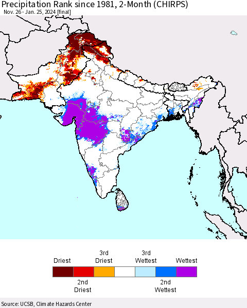 Southern Asia Precipitation Rank since 1981, 2-Month (CHIRPS) Thematic Map For 11/26/2023 - 1/25/2024