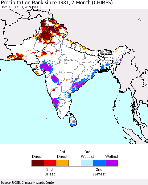 Southern Asia Precipitation Rank since 1981, 2-Month (CHIRPS) Thematic Map For 12/1/2023 - 1/31/2024