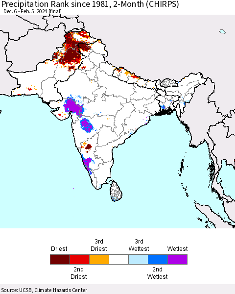 Southern Asia Precipitation Rank since 1981, 2-Month (CHIRPS) Thematic Map For 12/6/2023 - 2/5/2024