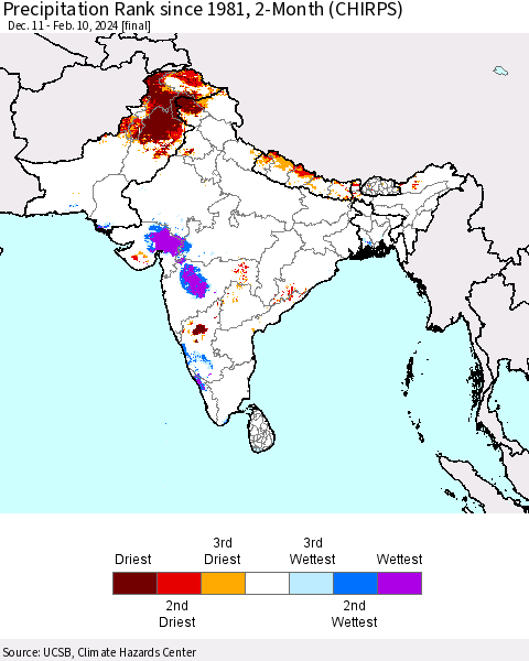Southern Asia Precipitation Rank since 1981, 2-Month (CHIRPS) Thematic Map For 12/11/2023 - 2/10/2024