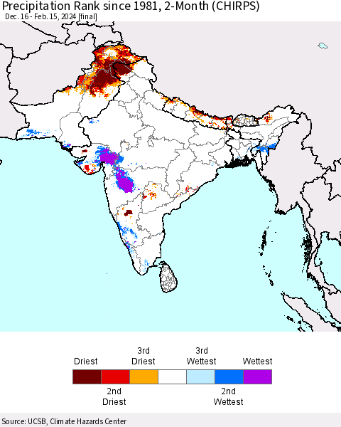 Southern Asia Precipitation Rank since 1981, 2-Month (CHIRPS) Thematic Map For 12/16/2023 - 2/15/2024