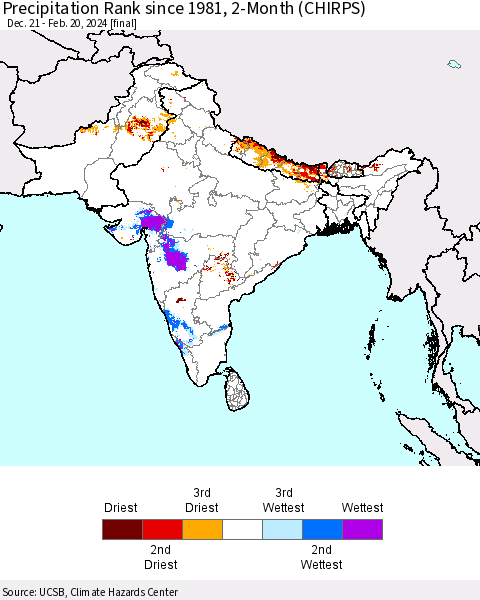 Southern Asia Precipitation Rank since 1981, 2-Month (CHIRPS) Thematic Map For 12/21/2023 - 2/20/2024