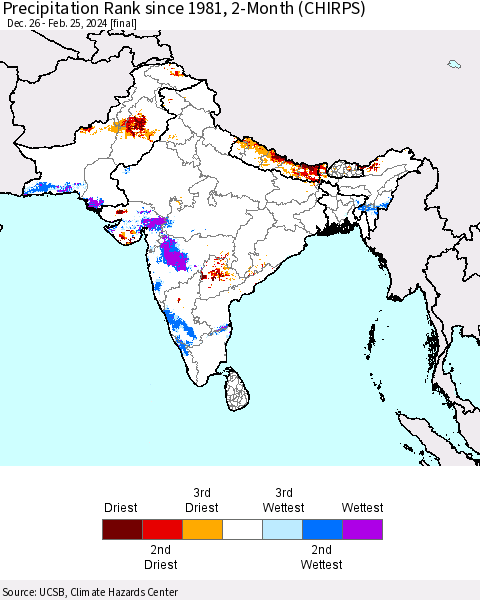 Southern Asia Precipitation Rank since 1981, 2-Month (CHIRPS) Thematic Map For 12/26/2023 - 2/25/2024