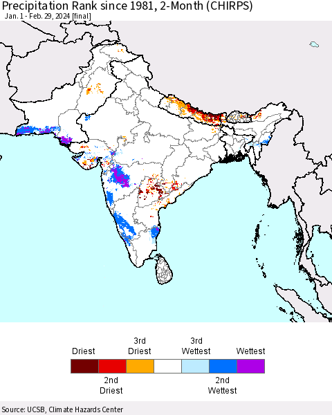 Southern Asia Precipitation Rank since 1981, 2-Month (CHIRPS) Thematic Map For 1/1/2024 - 2/29/2024