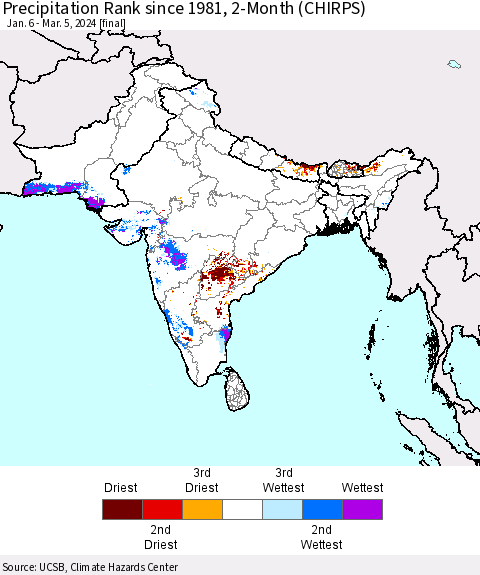 Southern Asia Precipitation Rank since 1981, 2-Month (CHIRPS) Thematic Map For 1/6/2024 - 3/5/2024